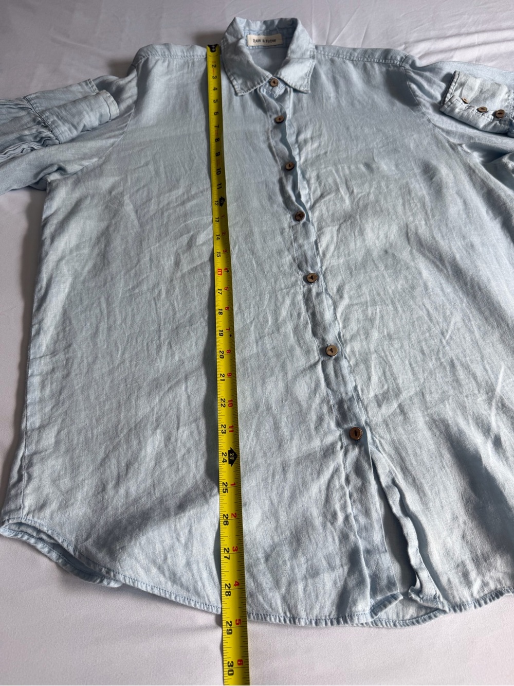 Raw + Flow Handmade 100% Linen Blue Balloon Sleeve Long Sleeve Button Down Shirt - Picture 14 of 15